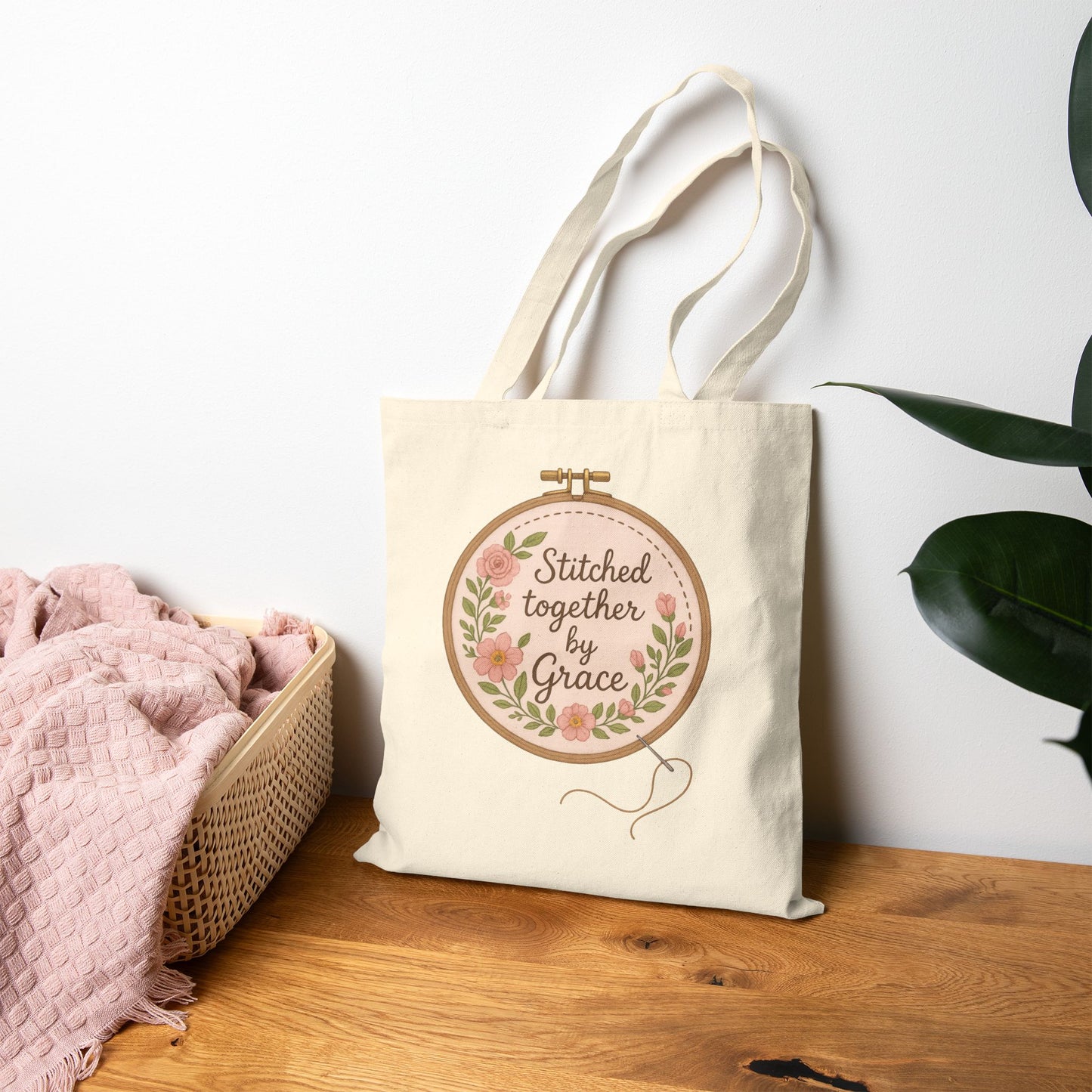 Stitched Together By His Grace Tote Bag