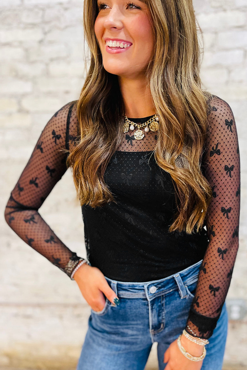 Black Bow Mesh Long Sleeve Top