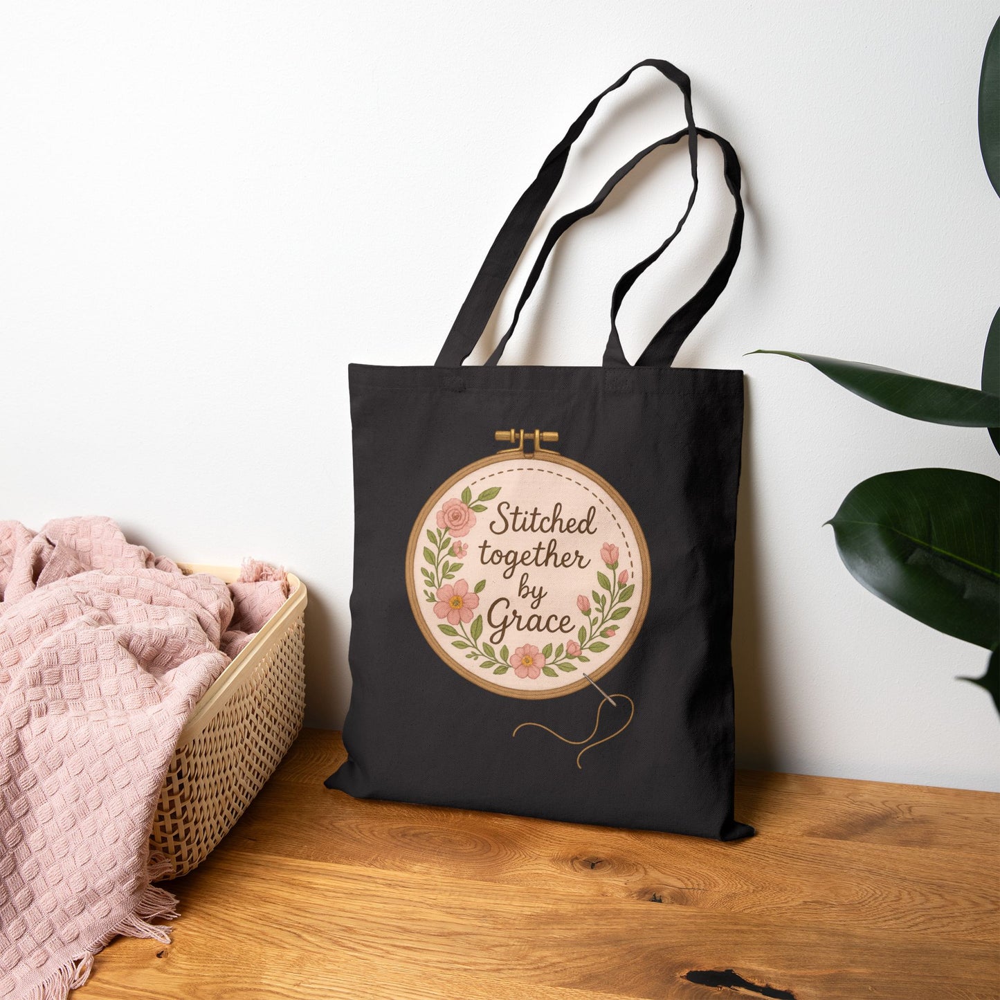 Stitched Together By His Grace Tote Bag