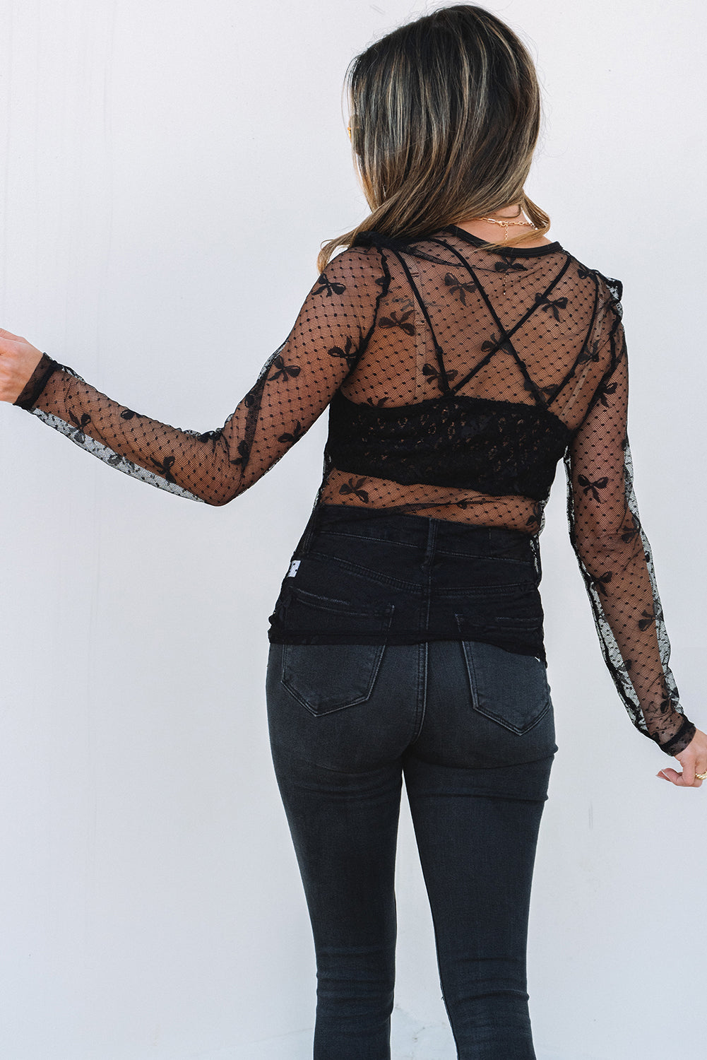 Black Bow Mesh Long Sleeve Top